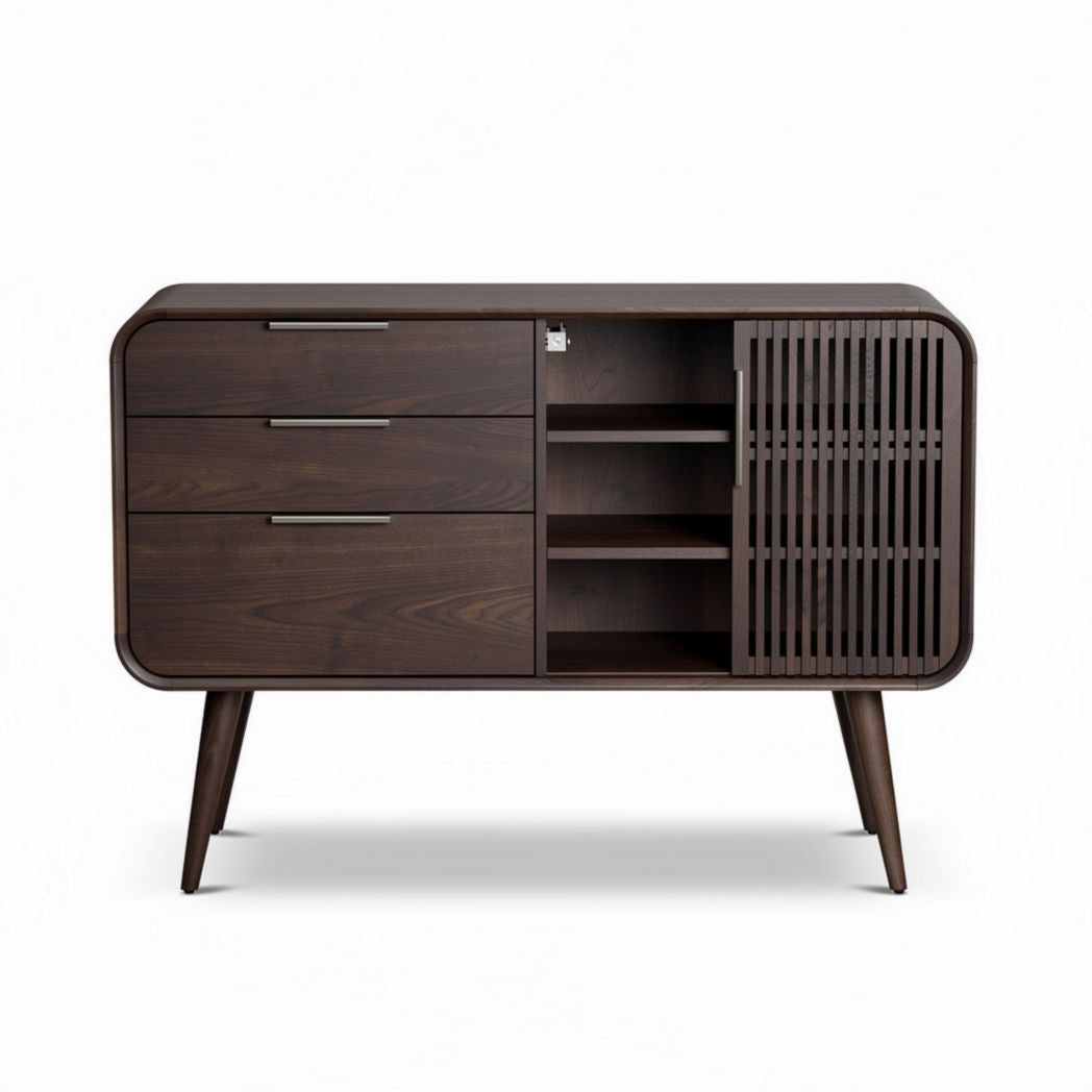 Houten dressoir met drie lades en open vakken 120 x 45 x 80cm bruin