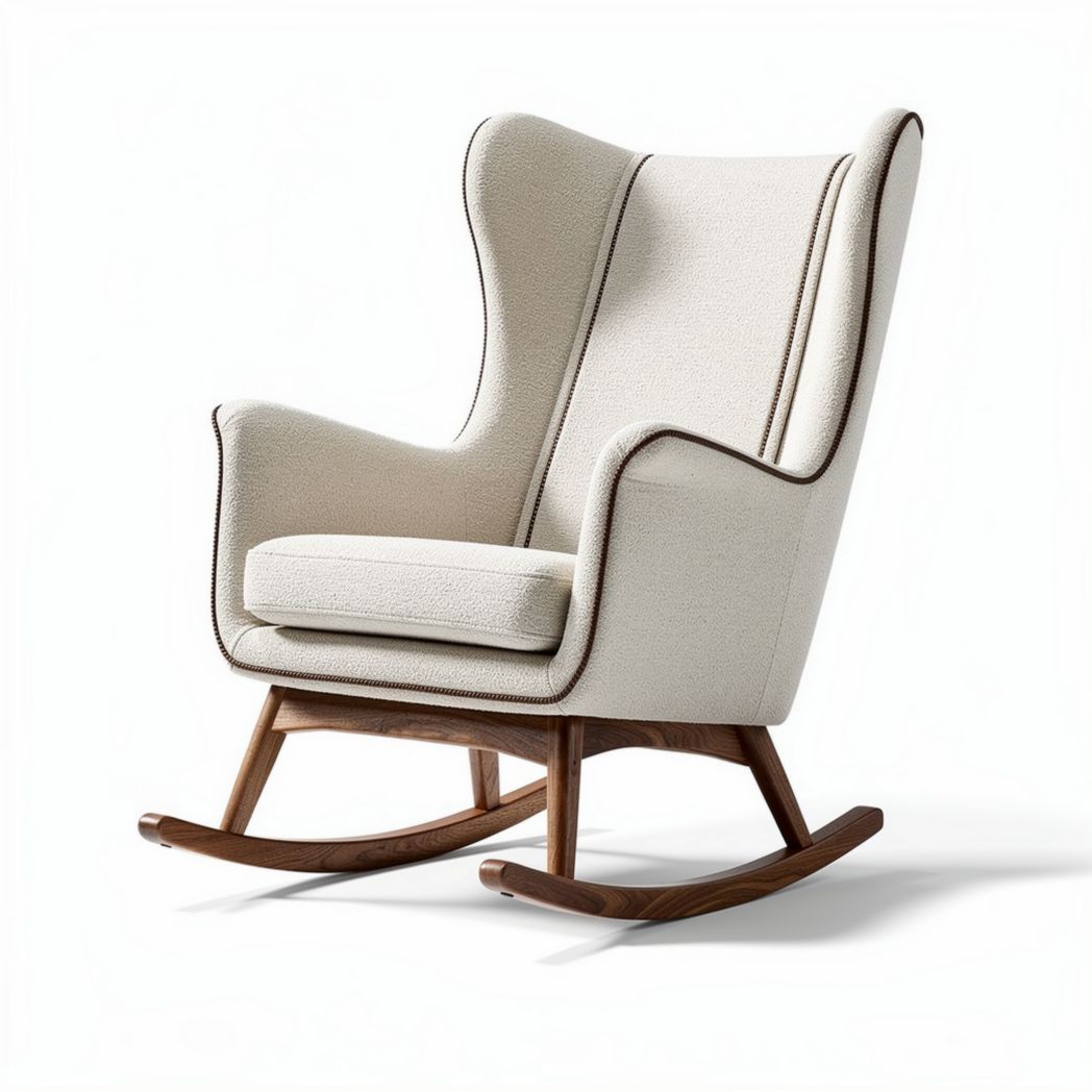 Schommelstoel van stof met houten frame in lichtbeige kleur 80 x 70 x 100cm