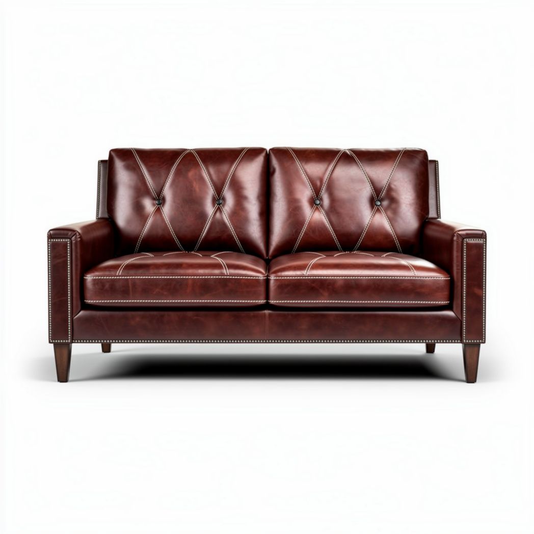 Bruin leren bank met knoopdetails en houten poten 180 x 90 x 80 cm