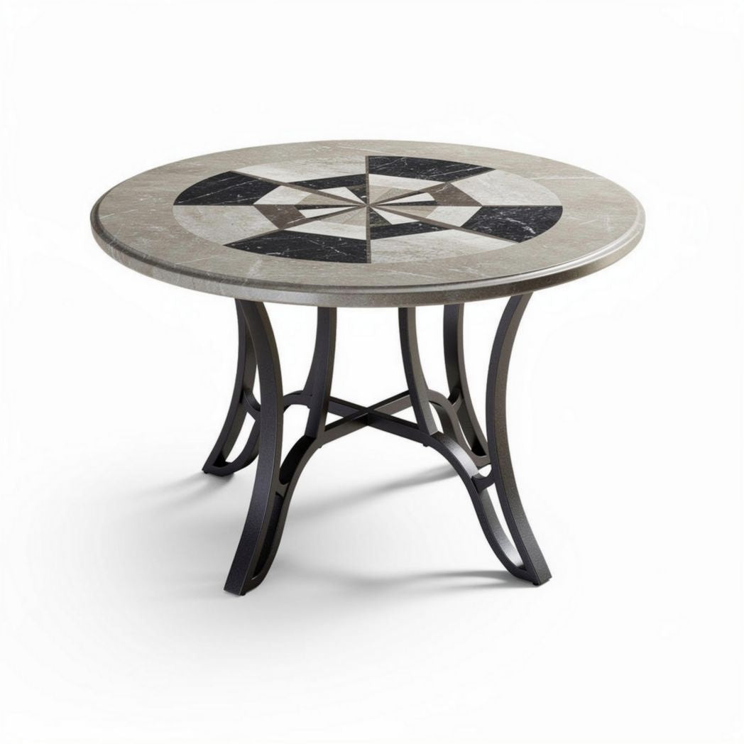 Ronde salontafel van marmer en metaal in grijs en zwart met een diameter van 90cm