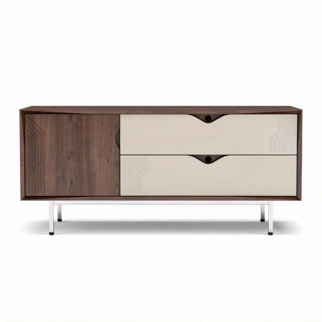 Dressoir van hout en metaal met twee lades en een deur 150 x 40 x 60cm