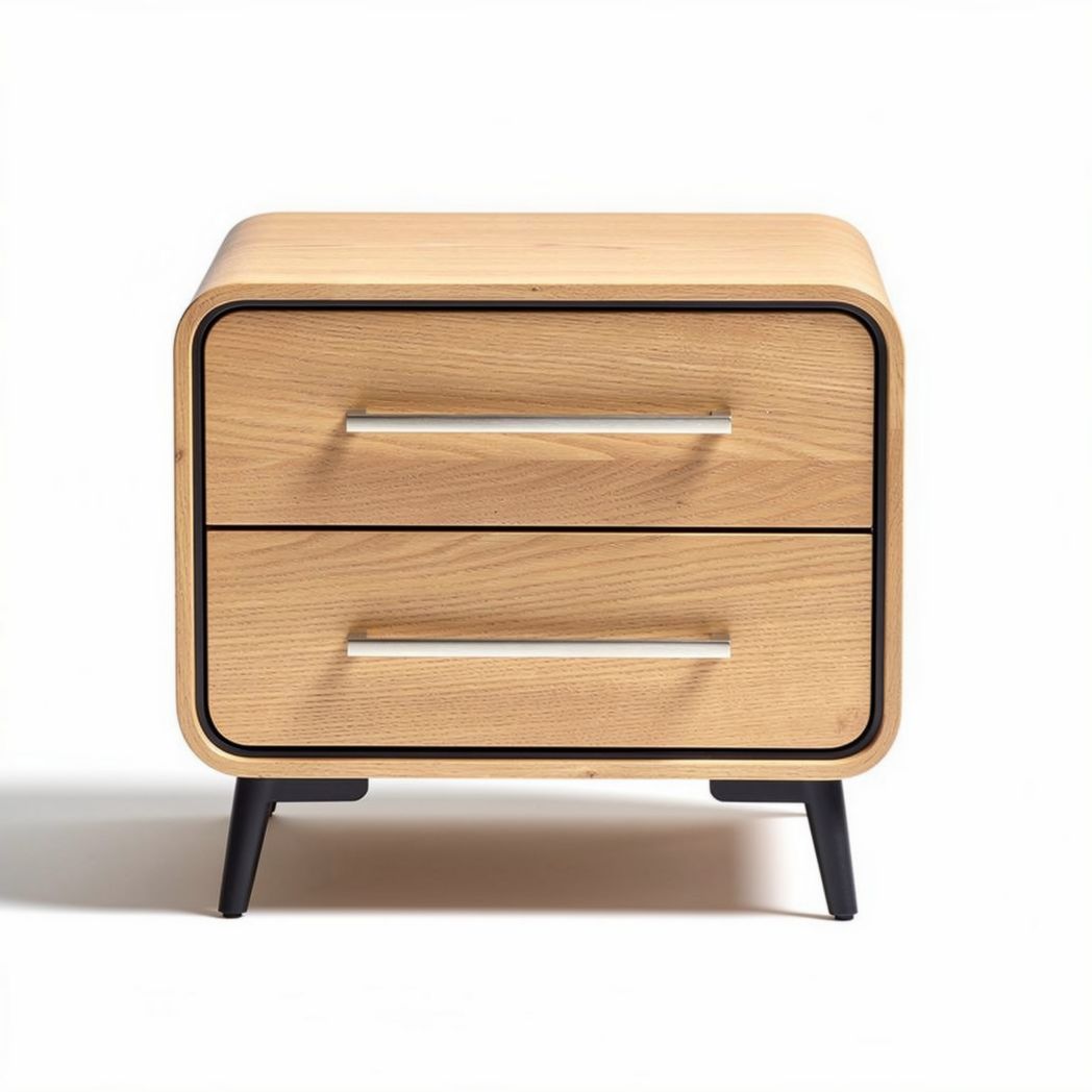 houten nachtkast met twee lades en zwart metalen voet 50 x 40 x 40cm