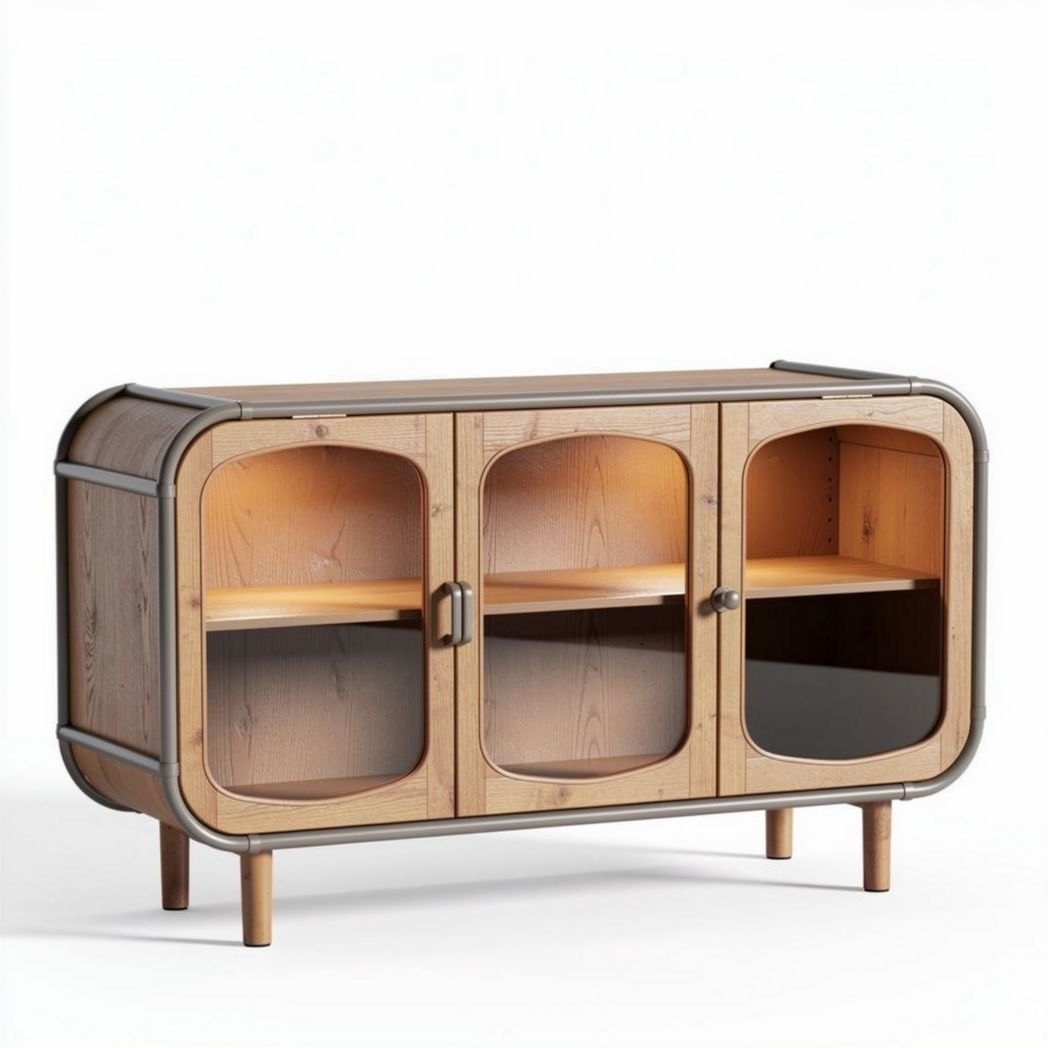 Dressoir van helder hout met drie deuren en metalen accenten 120 x 40 x 70cm